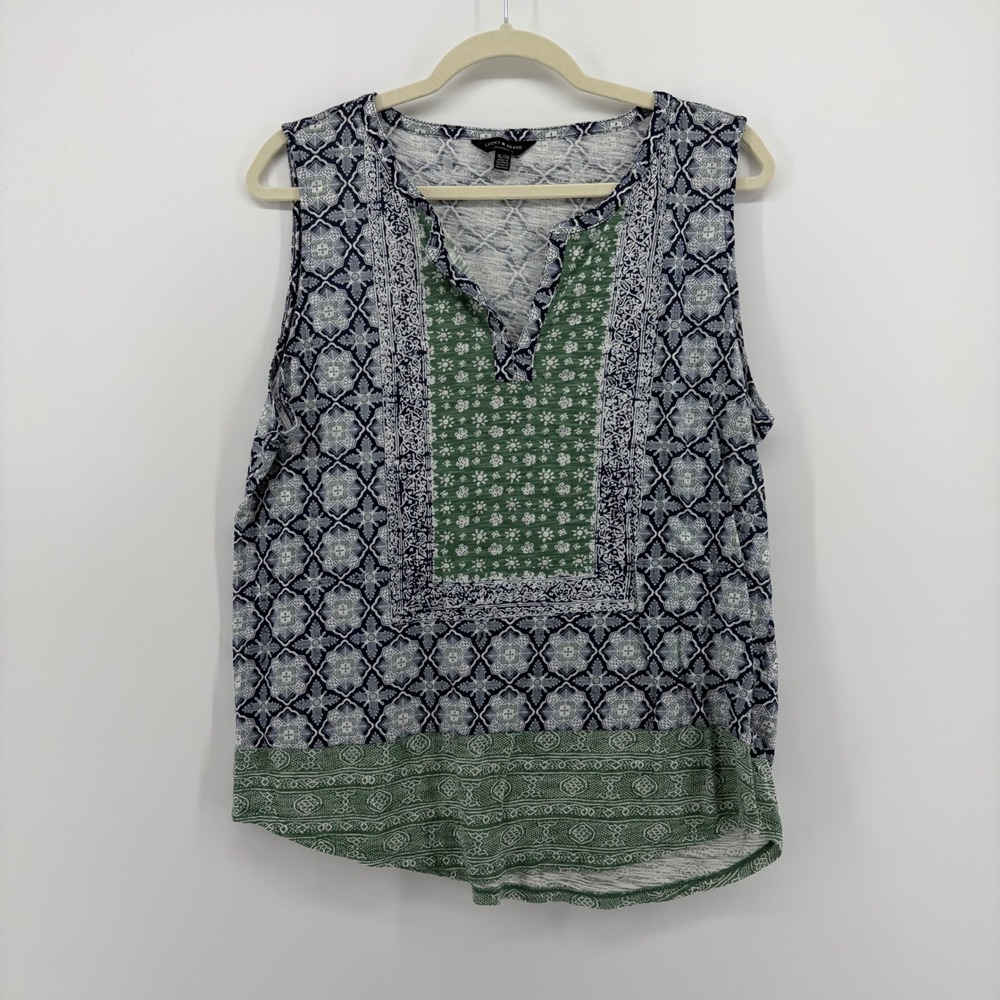 Lucky Brand Womens XL Blue Green Tank Top Mixed Medallion Print Split V-Neck